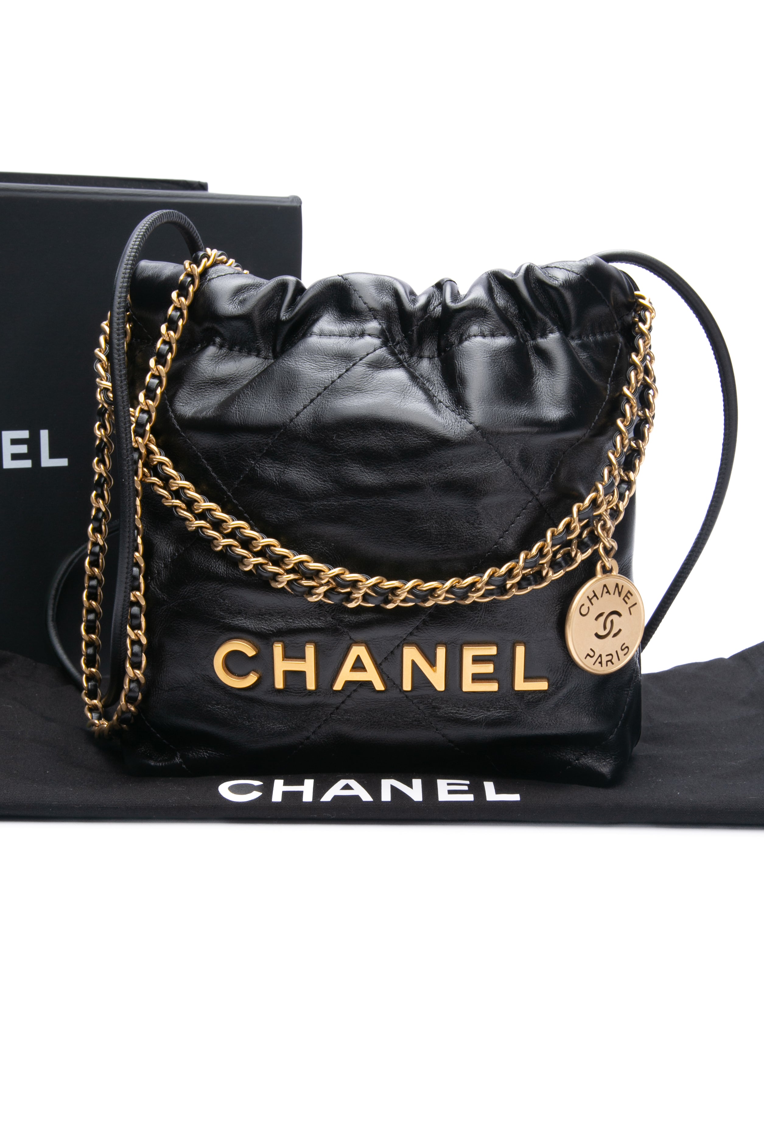 CHANEL Black Shiny Calfskin Quilted Mini Chanel 22 Crossbody
