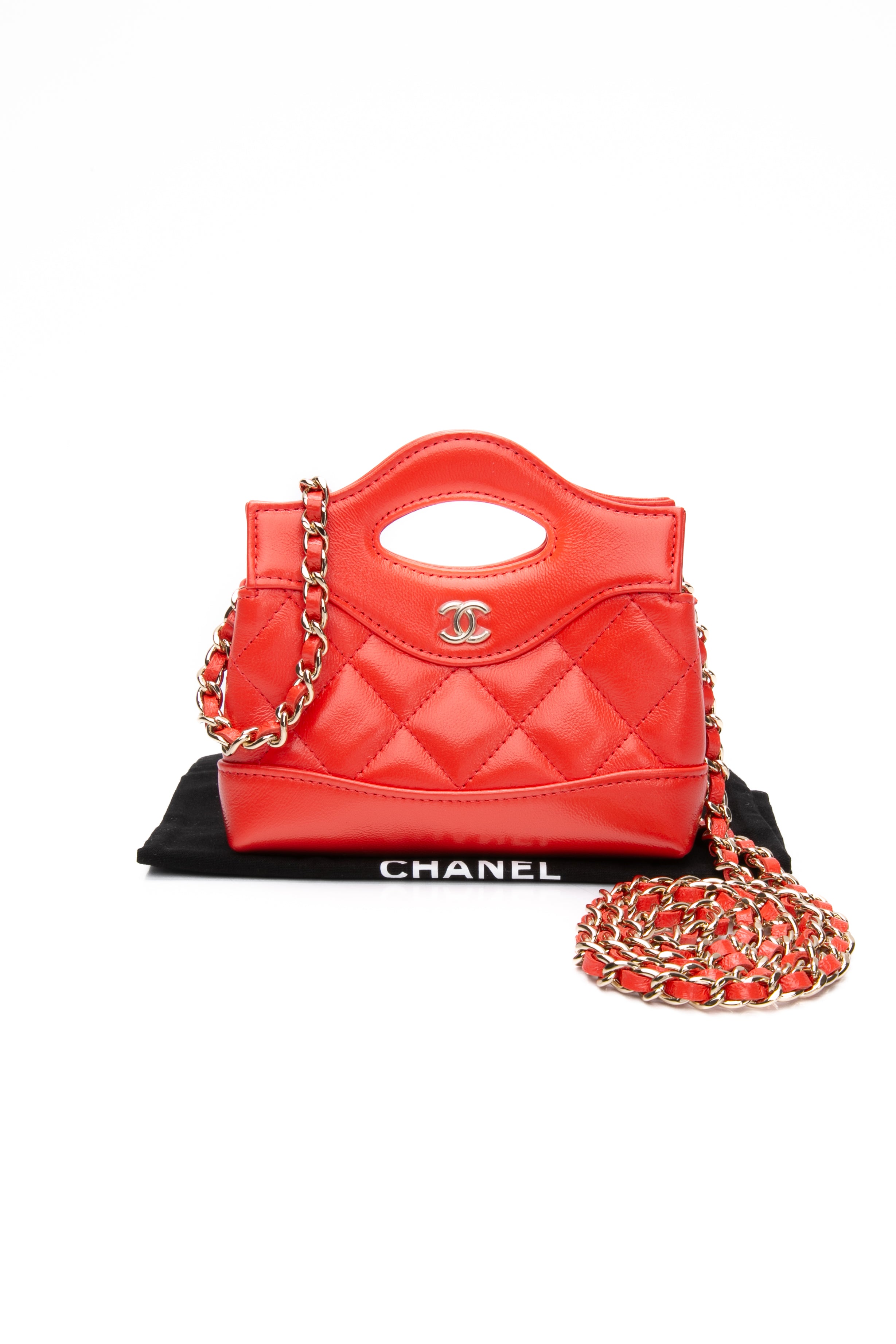 CHANEL Coral Red Shiny Lambskin Quilted Micro 31 Clutch with Chain