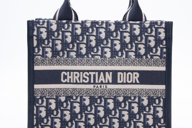DIOR Ecru and Blue Dior Oblique Embroidery Small Book Tote Bag (New)