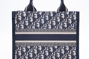 DIOR Ecru and Blue Dior Oblique Embroidery Small Book Tote Bag (New)