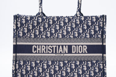 DIOR Ecru and Blue Dior Oblique Embroidery Medium Book Tote (New)