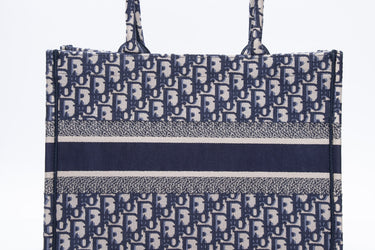 DIOR Ecru and Blue Dior Oblique Embroidery Medium Book Tote (New)