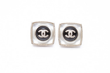 CHANEL Crystal CC Square Pearl Stud Clip On Earrings