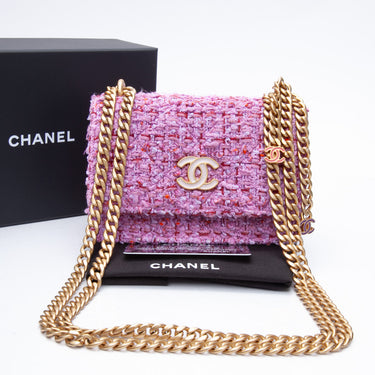 CHANEL Pink and Purple Tweed Enamel Quilted Pending CC Mini Wallet On Chain WOC