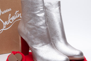CHRISTIAN LOUBOUTIN Adox Metallic Gray Stack-Heel Red Sole Boots 42
