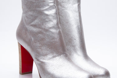 CHRISTIAN LOUBOUTIN Adox Metallic Gray Stack-Heel Red Sole Boots 42