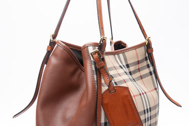 BURBERRY Haymarket Beige Brown Check Coated Canvas Cantebury Tote Bag