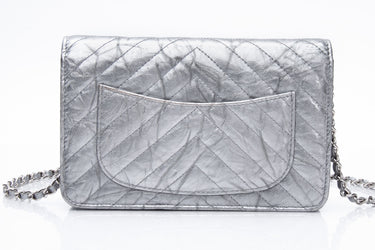 CHANEL Silver Crinkled Patent and Leather Chevron Quilted Wallet On Chain WOC