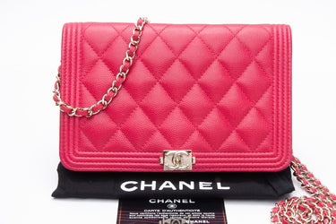 CHANEL Hot Pink Caviar Quilted Boy Wallet On Chain WOC