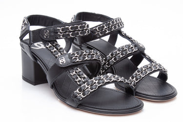 CHANEL Black Leather Chain Link Details Sandals 39.5