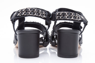 CHANEL Black Leather Chain Link Details Sandals 39.5