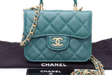 CHANEL Green Lambskin Quilted Mini Top Handle Card Holder With Chain