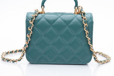 CHANEL Green Lambskin Quilted Mini Top Handle Card Holder With Chain