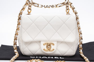 CHANEL White Metal Quilted Lambskin Leather Mini Top Handle Square Flap Bag