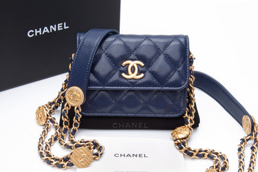 CHANEL Navy Quilted Caviar Twist Your Buttons Coin Purse with Chain Crossbody Bag