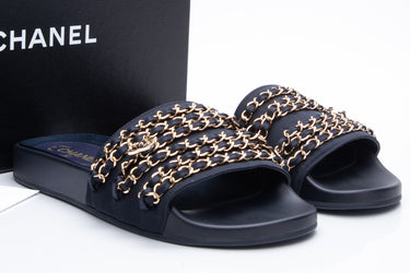 CHANEL Navy Gold Chain and CC Charms Slides 40
