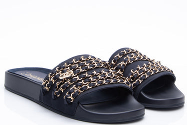 CHANEL Navy Gold Chain and CC Charms Slides 40