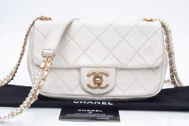 CHANEL Small Cream Crystal Pearls Chain Quilted Calfskin Flap Bag