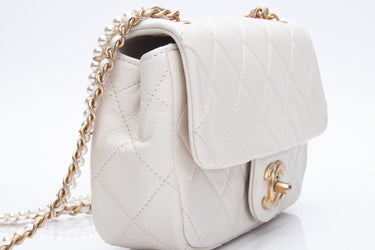 CHANEL Small Cream Crystal Pearls Chain Quilted Calfskin Flap Bag