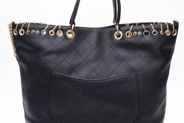 CHANEL Black Caviar Quilted Grommet Embellished Piercing Chic Tote Bag