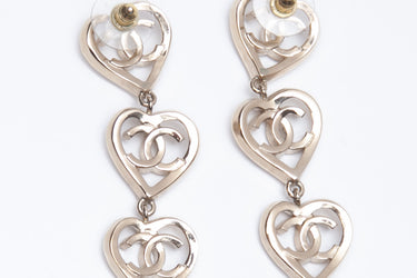 CHANEL CC Triple Heart Drop Gold Earrings