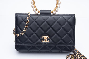 CHANEL Black Lambskin Quilted Pearl Bracelet Top Handle Wallet On Chain WOC