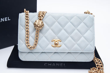 CHANEL Light Blue Lambskin Quilted Camellia Wallet On Chain WOC