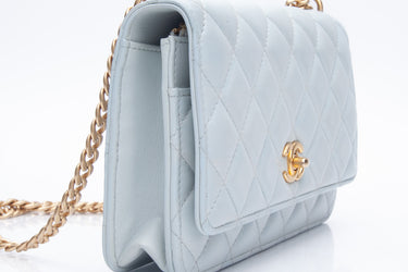 CHANEL Light Blue Lambskin Quilted Camellia Wallet On Chain WOC