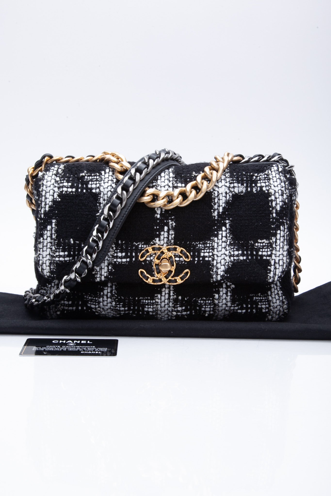 Chanel Black & White Tweed Quilted Medium Chanel 19 Flap ref