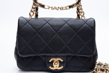 CHANEL Black Metal Quilted Lambskin Leather Mini Top Handle Square Flap Bag