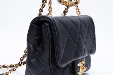 CHANEL Black Metal Quilted Lambskin Leather Mini Top Handle Square Flap Bag