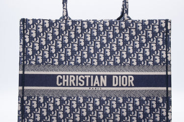 DIOR Ecru and Blue Dior Oblique Embroidery Large Book Tote (New)