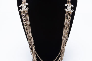 CHANEL Multi Strand Crystal Gold CC Logo Long Necklace