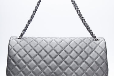 CHANEL Metallic Grey Quilted Calfskin XXL Travel Single Flap Bag