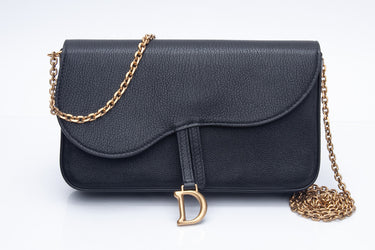 DIOR Black Goatskin Saddle Pouch with Chain (New)