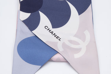 CHANEL Floral Logo Navy & Pink Silk Bandeau Scarf