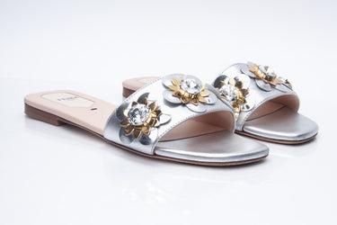 FENDI Flowerland Jeweled Metallic Leather Slides 37