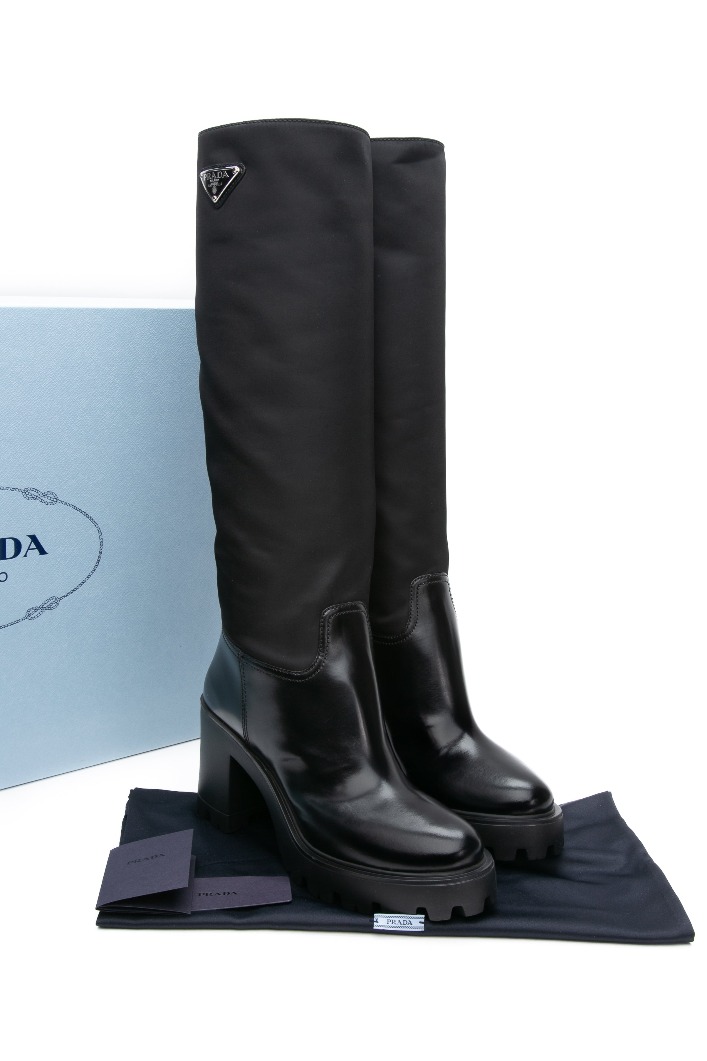 PRADA Black Re-Nylon and Leather Calzature Donna Spazzolato