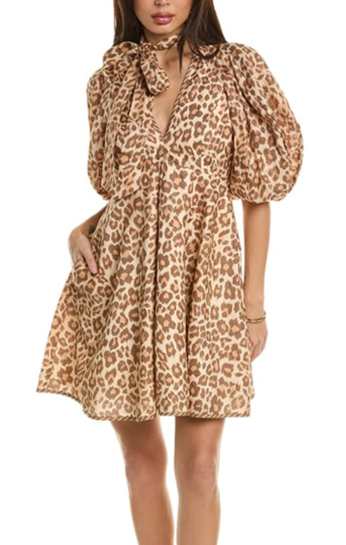 ZIMMERMANN Toffee Leopard Tie Neck Mini Dress Size 2 (New) ZIMMERMANN Toffee Leopard Tie Neck Mini Dress Size 2 (New)