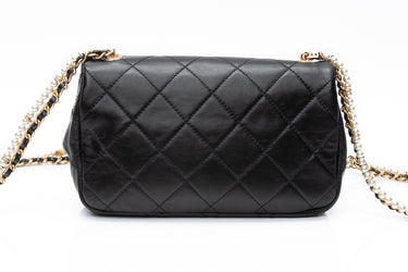 CHANEL Small Black Crystal Pearls Chain Lambskin Quilted Flap Bag