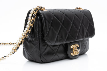 CHANEL Small Black Crystal Pearls Chain Lambskin Quilted Flap Bag