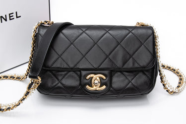 CHANEL Small Black Crystal Pearls Chain Lambskin Quilted Flap Bag