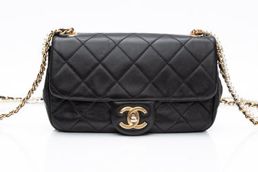 CHANEL Small Black Crystal Pearls Chain Lambskin Quilted Flap Bag