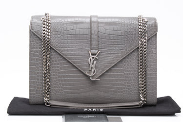 SAINT LAURENT Grey Croc Embossed Leather Large Monogram Chain Bag