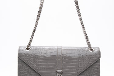 SAINT LAURENT Grey Croc Embossed Leather Large Monogram Chain Bag