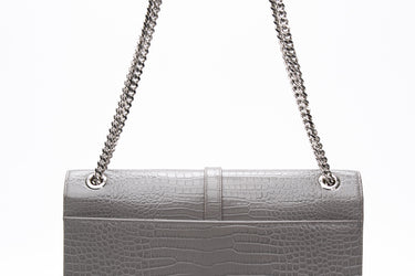 SAINT LAURENT Grey Croc Embossed Leather Large Monogram Chain Bag