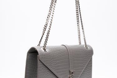 SAINT LAURENT Grey Croc Embossed Leather Large Monogram Chain Bag