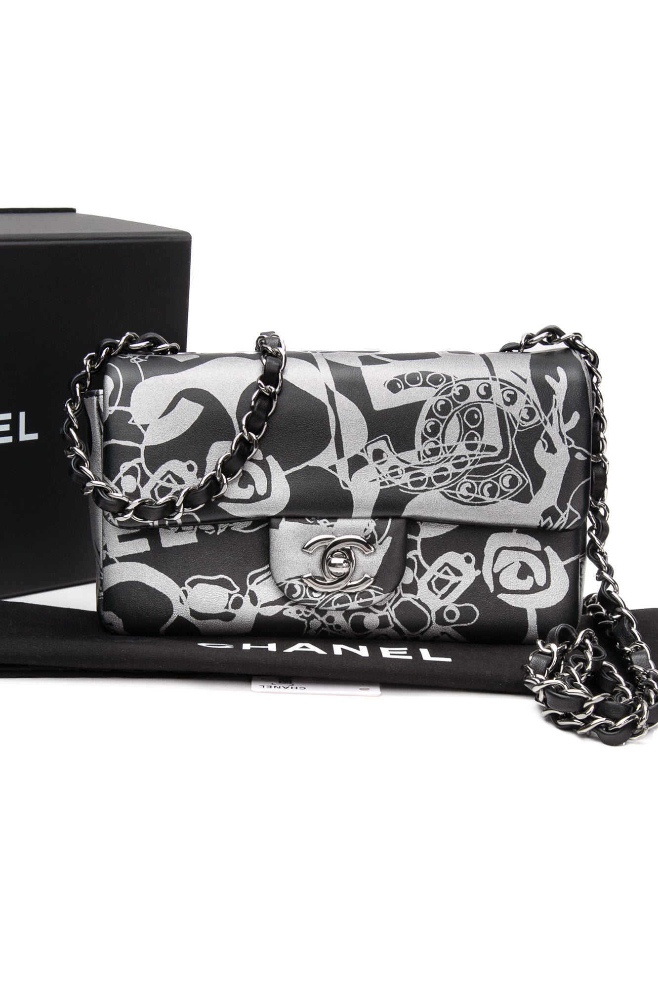 CHANEL 22C Black Silver Printed Lambskin Leather Rectangular Mini Flap ...