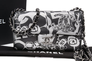 CHANEL 22C Black Silver Printed Lambskin Leather Rectangular Mini Flap Bag