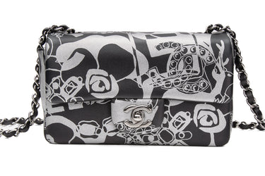 CHANEL 22C Black Silver Printed Lambskin Leather Rectangular Mini Flap Bag